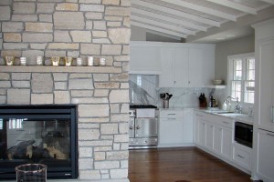 beachy cottage fireplace and kitchen
